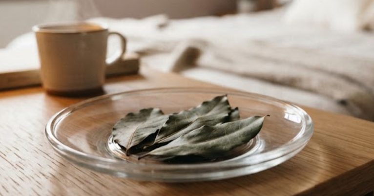 Folhas secas de louro sobre um prato de vidro em uma mesa ao lado da cama.