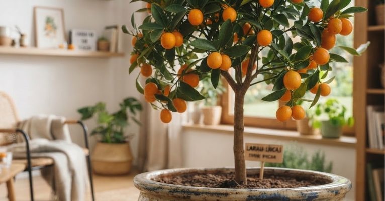 Laranjeira-kinkan cultivada em vaso dentro de uma sala, carregada de pequenos frutos alaranjados.