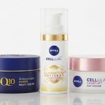 Três cremes antirrugas Nivea dispostos lado a lado sobre fundo branco.