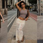 Três mulheres usam saias boho em looks urbanos, com modelos marrom, branco rendado e crochê.