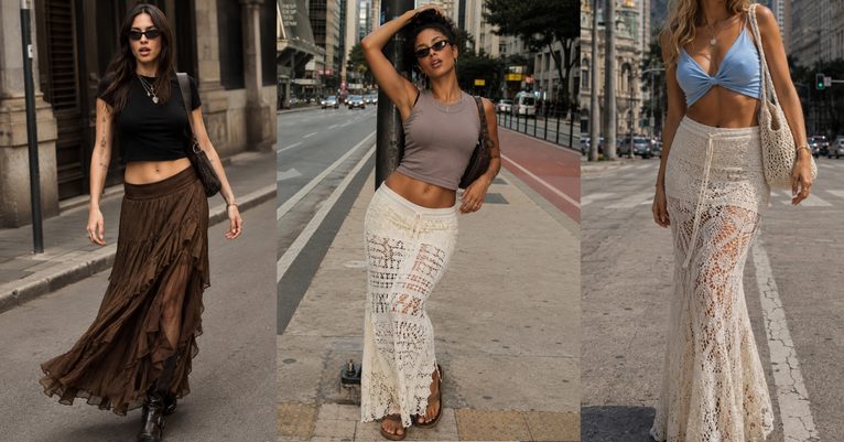 Três mulheres usam saias boho em looks urbanos, com modelos marrom, branco rendado e crochê.
