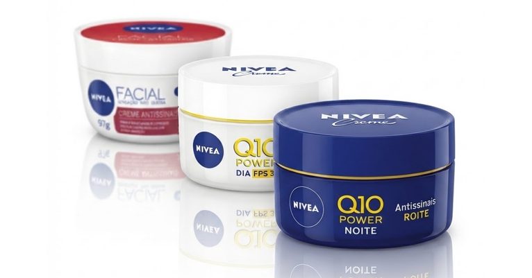 Três versões de cremes faciais Nivea Antissinais, incluindo produtos Q10 para cuidados diurnos e noturnos.