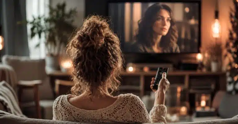 Mulher assistindo a um filme em casa, representando histórias sobre autoestima, amor-próprio e desenvolvimento pessoal.