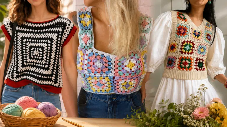 Três modelos de blusas de crochê com granny squares coloridos e modernos, mostrando diferentes estilos e inspirações para a moda artesanal.