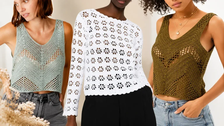 15 modelos de blusas de crochê femininas com diferentes pontos vazados e gráficos para criar peças artesanais.