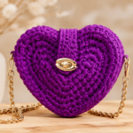 Bolsa coração em crochê moderno confeccionada com fio de malha premium na cor roxa, com fecho metálico dourado e alça de corrente.
