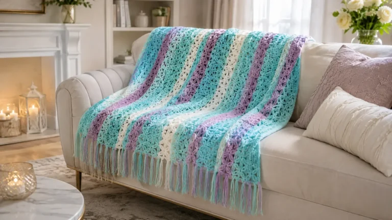 Manta de crochê listrada em azul, lilás e branco sobre sofá claro em sala sofisticada