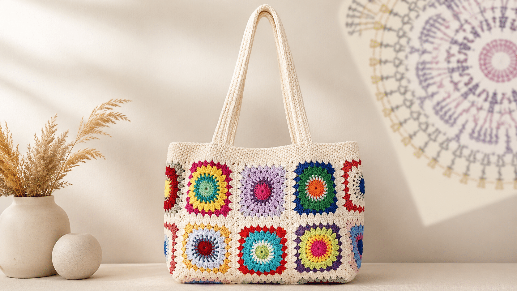 Os squares de crochê transformam bolsas comuns em verdadeiras peças de desejo! Veja os gráficos incríveis!
