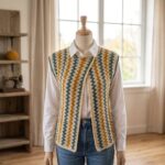 Colete Origem de crochê em off-white, mostarda e azul