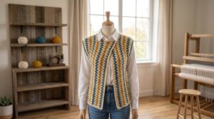 Colete Origem de crochê em off-white, mostarda e azul