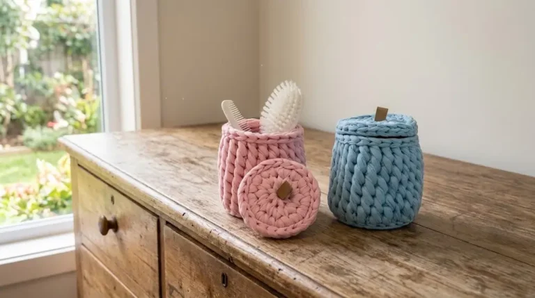 Cachepô Sugar de crochê em fio de malha nas cores rosa e azul candy