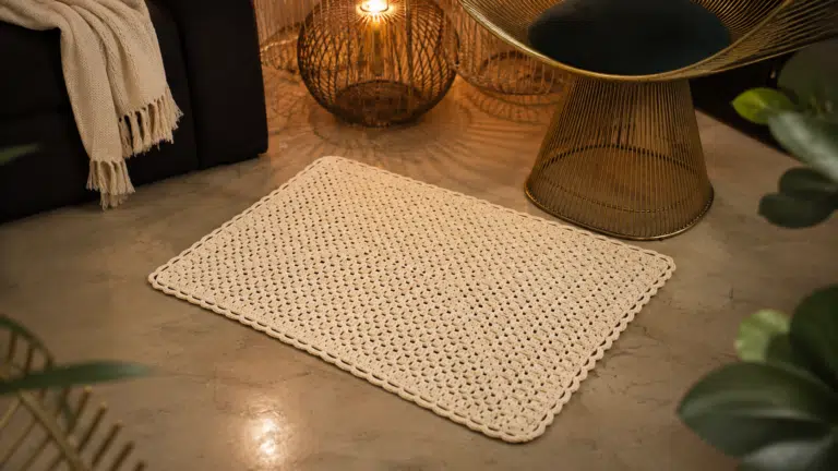 Tapete de crochê retangular feito em fio natural, com textura delicada e acabamento artesanal para a decoração da casa. Foto Estúdio Kátia Ribeiro ©