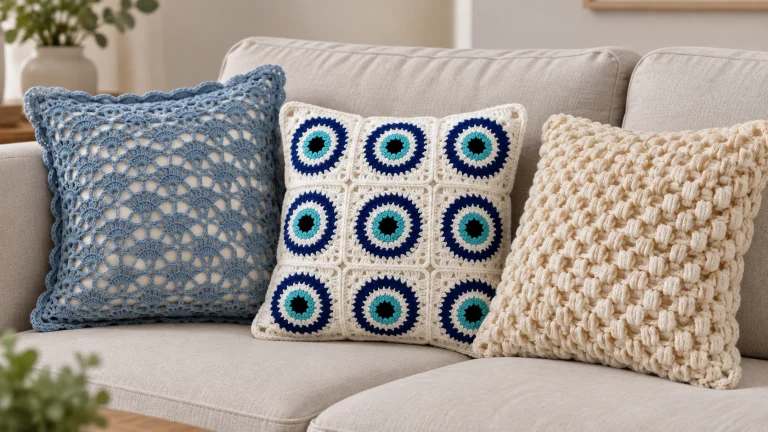 Três almofadas de crochê decoram um sofá claro, com modelos azul rendado, colorido em quadrados e cru texturizado.