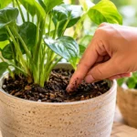 Cena natural de jardinagem mostrando uma pessoa verificando com o dedo a umidade do substrato de uma planta cultivada em vaso, com regador ao lado e outras plantas ao fundo.