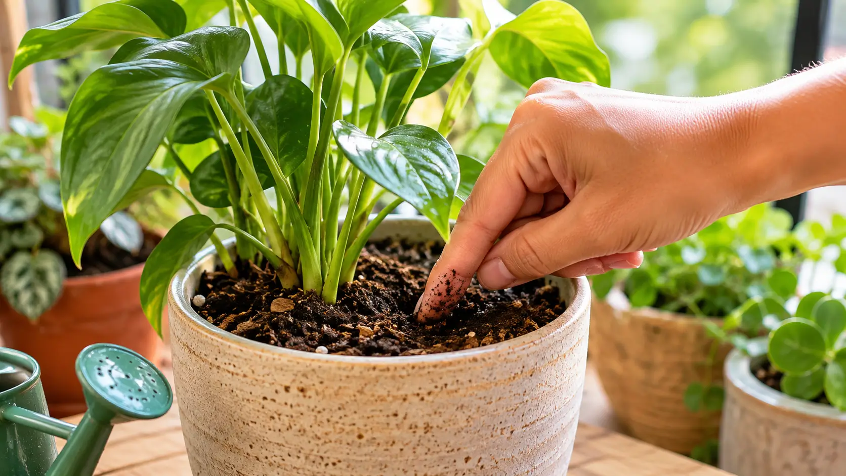 Cena natural de jardinagem mostrando uma pessoa verificando com o dedo a umidade do substrato de uma planta cultivada em vaso, com regador ao lado e outras plantas ao fundo.