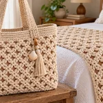 Bolsa e peseira de crochê bege feitas com ponto Princesa em ambiente aconchegante
