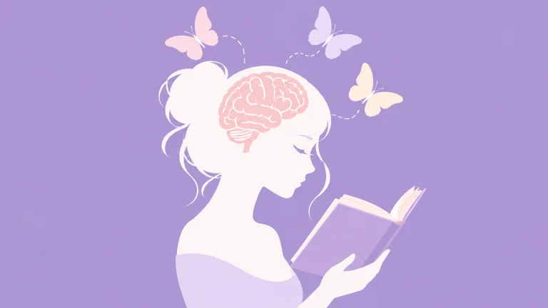 Ilustração de mulher lendo um livro, com cérebro destacado e borboletas ao redor da cabeça sobre fundo lilás.