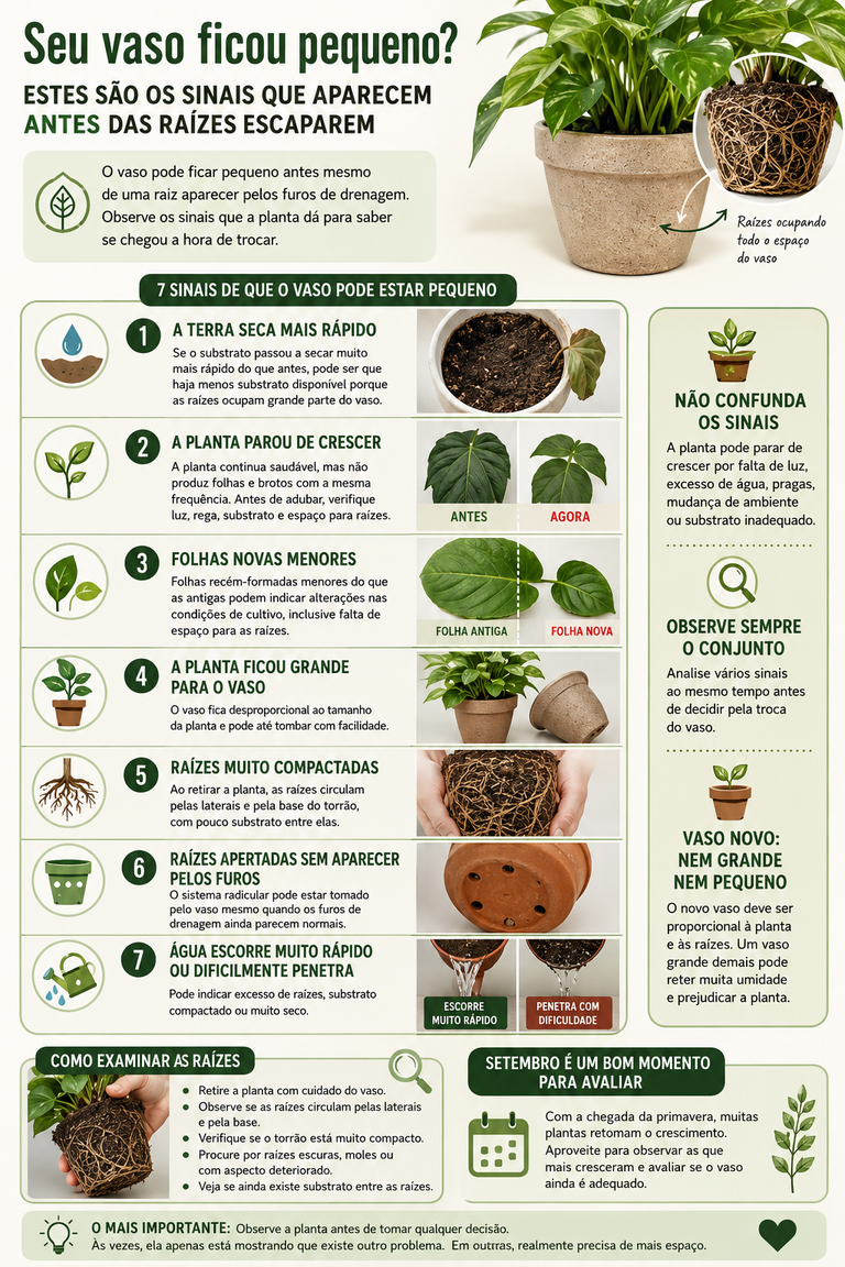 Infográfico mostra os principais sinais de que o vaso ficou pequeno para a planta, desde a secagem rápida da terra até o enovelamento das raízes. Design Estúdio Kátia Ribeiro ©