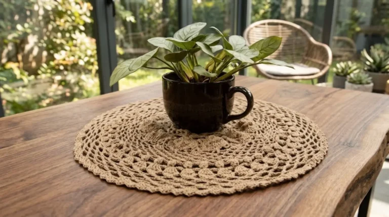 Centro de Mesa Luar de crochê em tom porcelana sobre mesa decorada