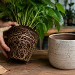 Planta sendo retirada do vaso para verificar raízes compactadas