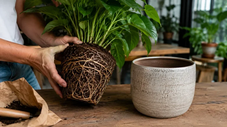 Planta sendo retirada do vaso para verificar raízes compactadas