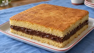 Bolo retangular de massa amanteigada com duas camadas e recheio cremoso de chocolate ao leite.