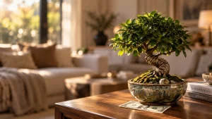 Bonsai de folhagem verde sobre mesa de madeira em uma sala, com cédula de dinheiro posicionada junto ao vaso.