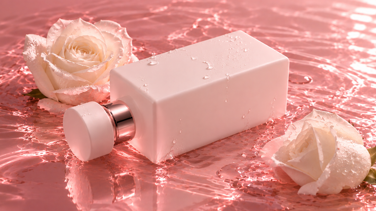 Frasco de perfume rosa ao lado de rosas brancas sobre uma superfície com água.