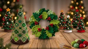 Decoração de Natal em crochê com árvore, anjo e guirlandas artesanais