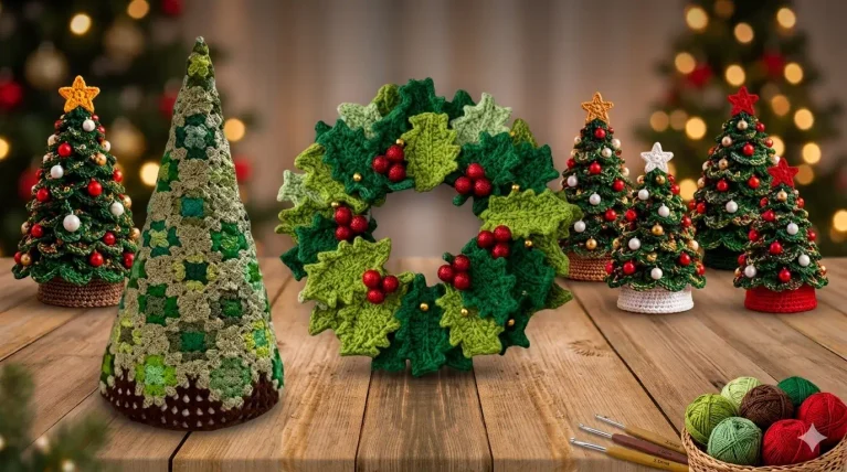 Decoração de Natal em crochê com árvore, anjo e guirlandas artesanais