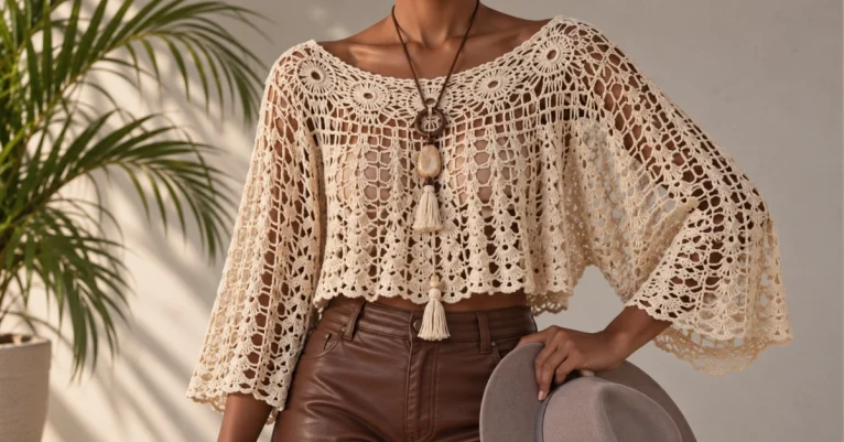 Blusa de crochê bege com pontos vazados, mangas amplas e estilo boho elegante.