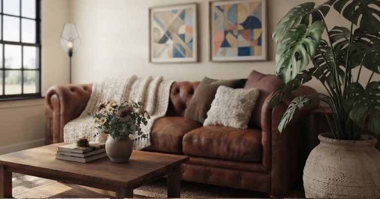 Sala elegante com sofá de couro marrom, manta de crochê, almofadas, plantas e decoração em tons neutros.