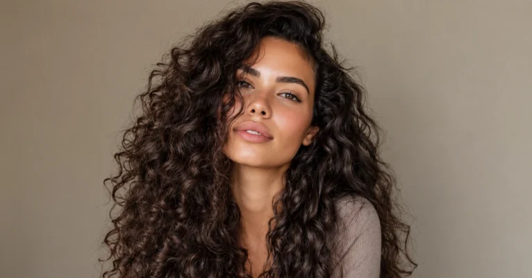 Mulher com cabelos cacheados castanhos, volumosos e com aparência natural.