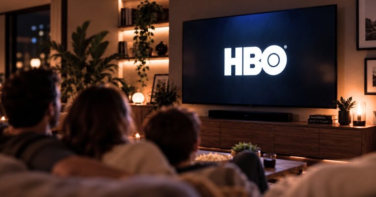 Família reunida no sofá assistindo à HBO em uma televisão em uma sala de estar aconchegante.