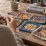 Pessoa fazendo squares de crochê coloridos sobre mesa com novelos de lã, agulha e quadradinhos prontos.