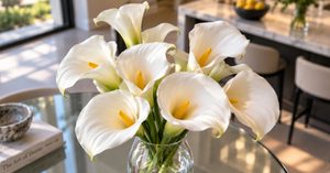 Flores brancas de copo-de-leite com miolo amarelo em um arranjo iluminado pela luz natural dentro de casa.