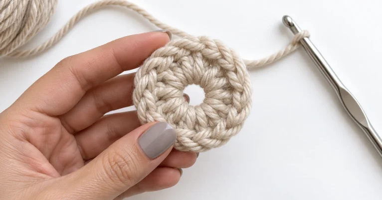 Mão segura uma peça circular de crochê em fio bege ao lado de uma agulha, demonstrando o início do anel mágico.