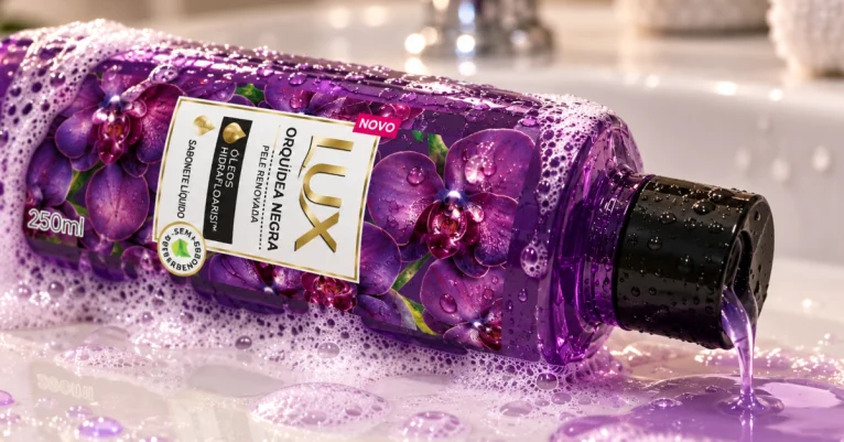 Sabonete líquido Lux Orquídea Negra em embalagem roxa, cercado por espuma e gotas de água.