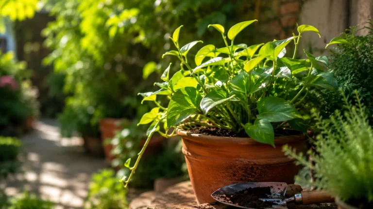 Planta saudável em vaso no jardim durante a primavera