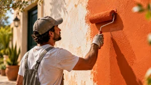 Homem pinta uma parede externa com rolo e tinta laranja em área exposta à luz do sol.