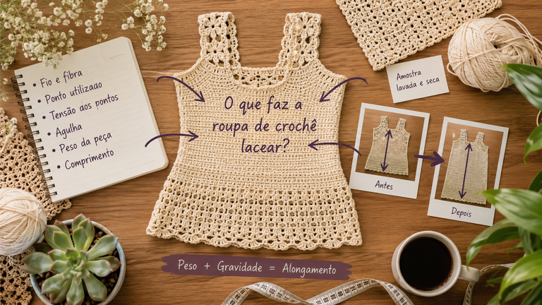Fatores que podem fazer a roupa de crochê lacear, como fio, ponto, tensão e peso