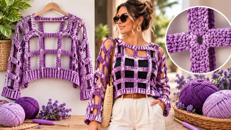 Blusa de crochê vazada em tom de roxo usada como segunda peça sobre regata e calça clara