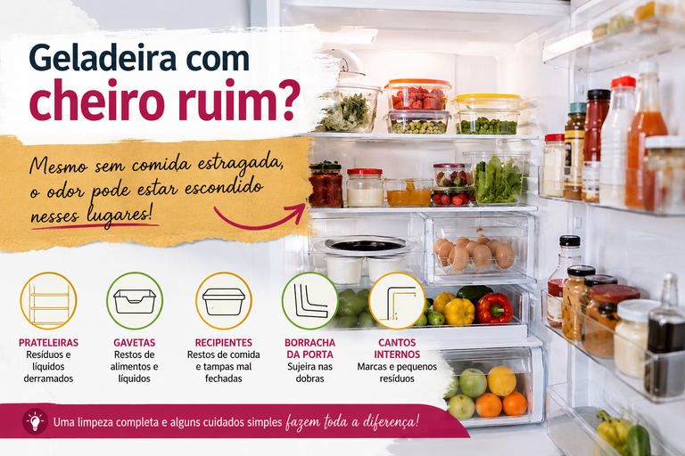 infografico geladeira com cheiro ruim