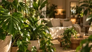 Sala de estar decorada com várias plantas verdes de interior, incluindo costela-de-adão e lírio-da-paz.