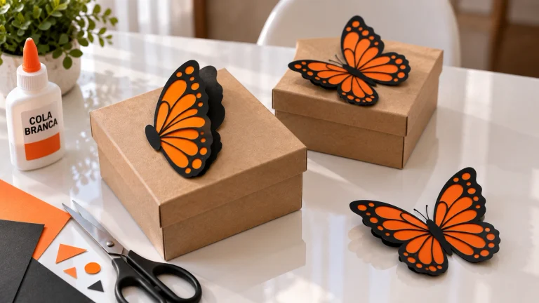 Borboletas artesanais laranja e pretas decoram caixas de papel, ao lado de cola, tesoura e papéis coloridos.