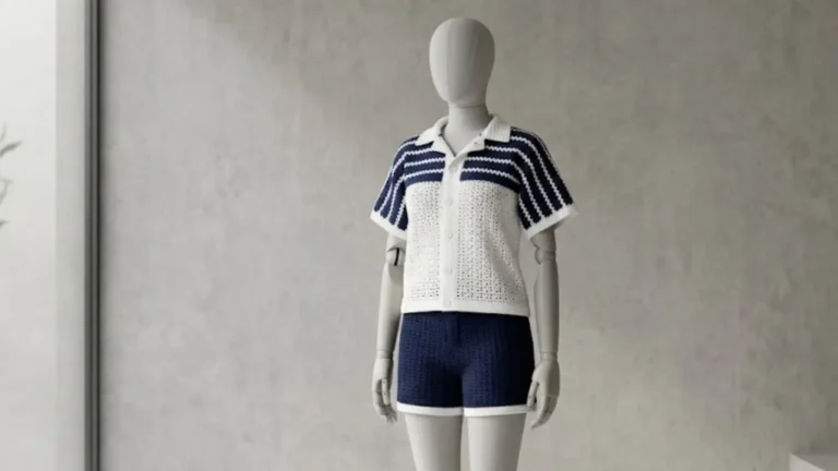 Conjunto Navy de crochê com camisa e shorts azul e branco