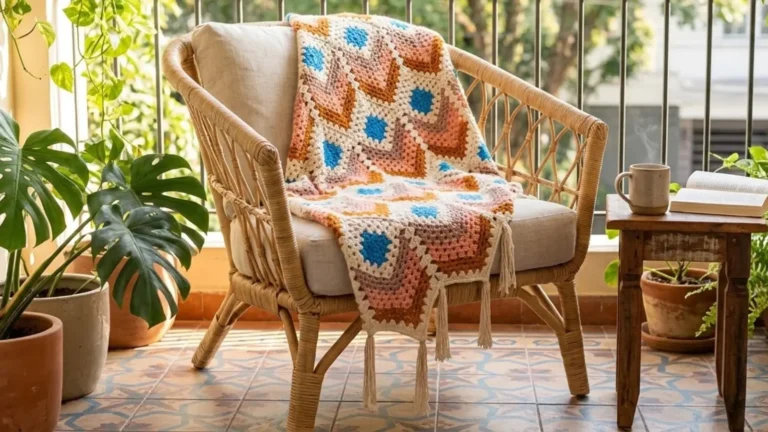 Manta Indiana de crochê com motivos coloridos e franjas