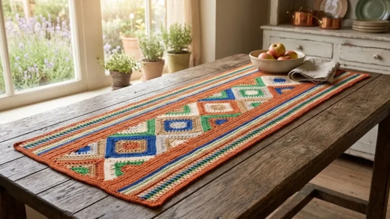 Trilho de mesa de crochê com motivos de losangos coloridos