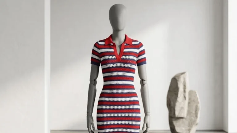 Vestido Polo de crochê listrado com gola em azul, branco e vermelho
