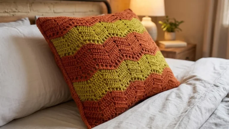 Almofada Fio Festa Chevron de crochê nas cores Tamara e Ouro